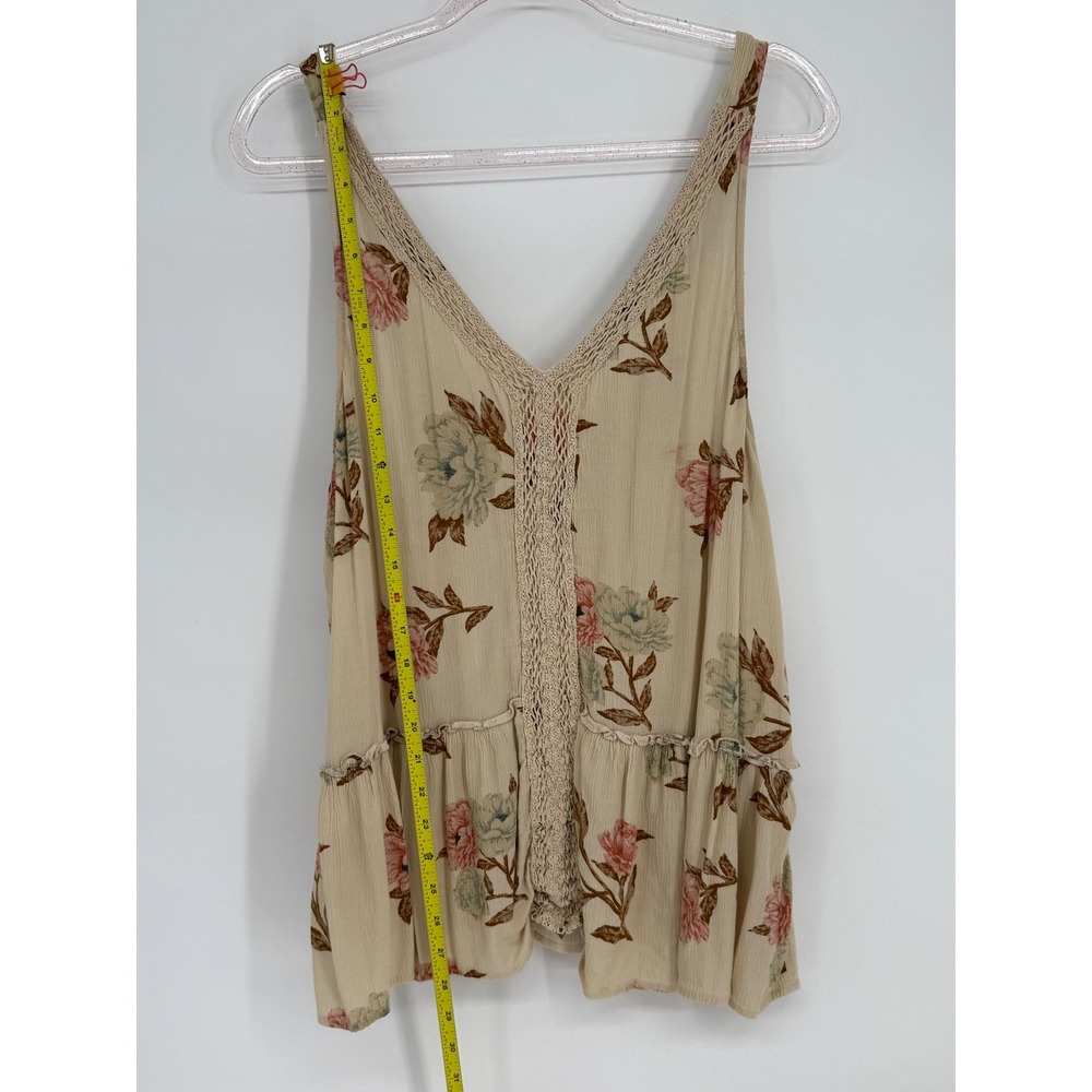 American Eagle Floral Babydoll Tank Top Cream Crochet Lace Boho Ruffle Hem Sz XL - Picture 2 of 9